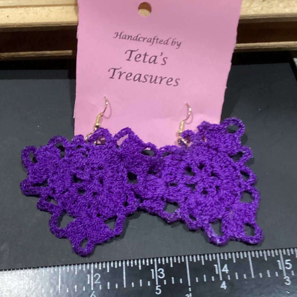 Earrings Triangle Violet Purple Crocheted Crochet Hand Crafted